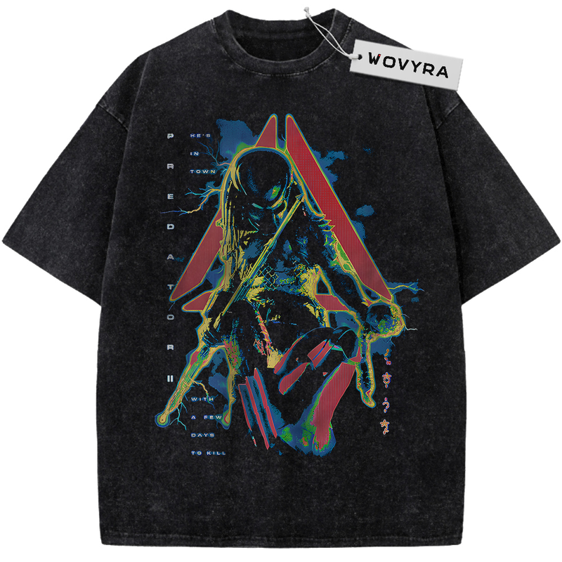 Alien vs Predator Neon Hunter Vintage T-Shirt with a crouching hunter figure with teal highlights and red angular shapes