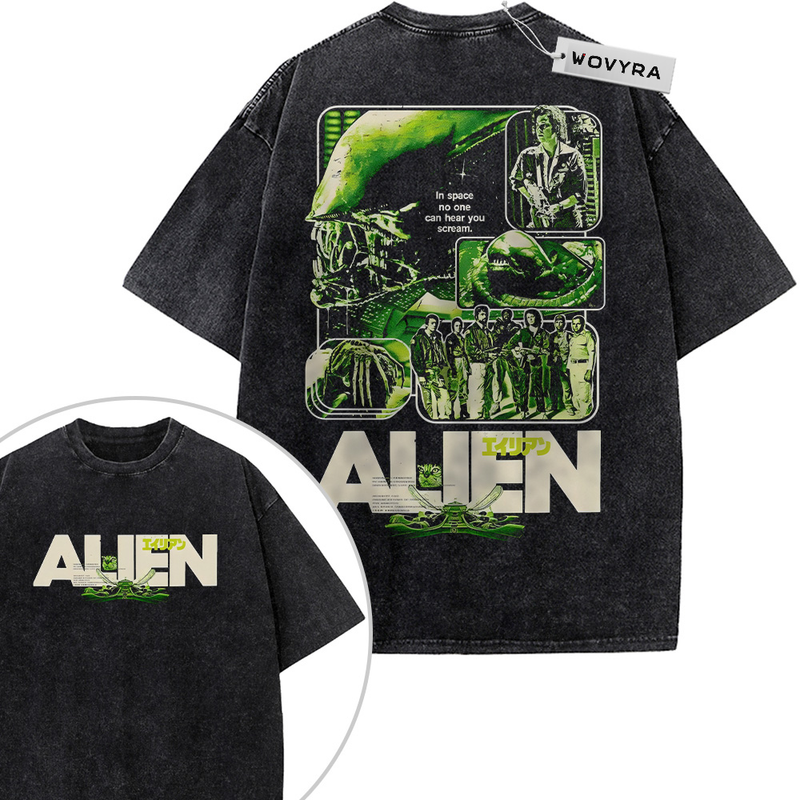 2-sided vintage T-shirt featuring green Alien film-style panels beneath a large xenomorph head