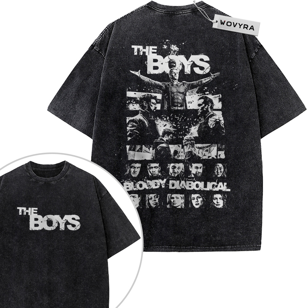 2-sided vintage T-shirt featuring a black-and-white cast portrait grid beneath The Boys lettering