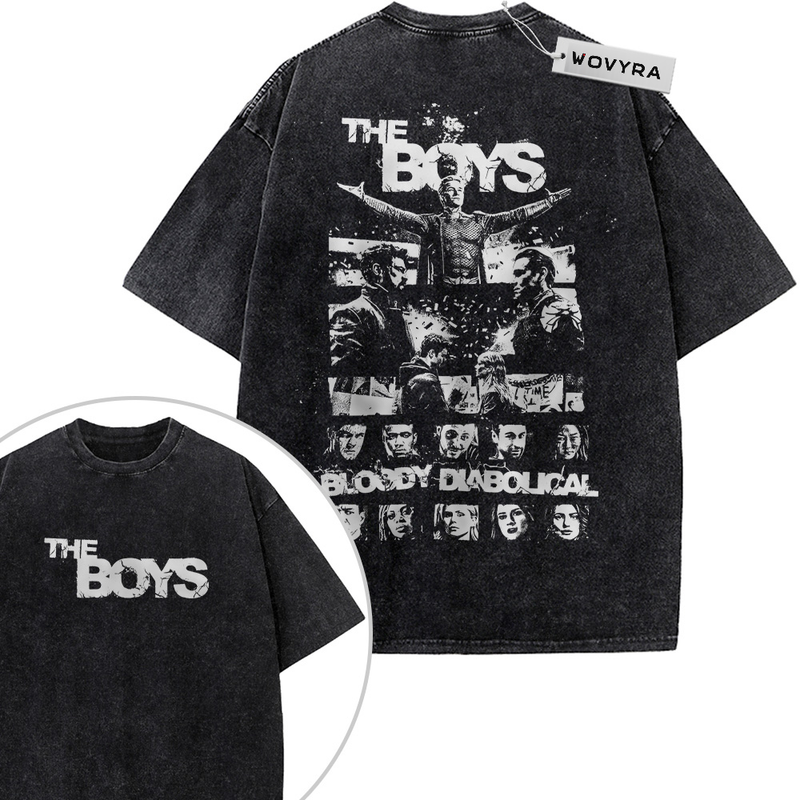 2-sided vintage T-shirt featuring a black-and-white cast portrait grid beneath The Boys lettering