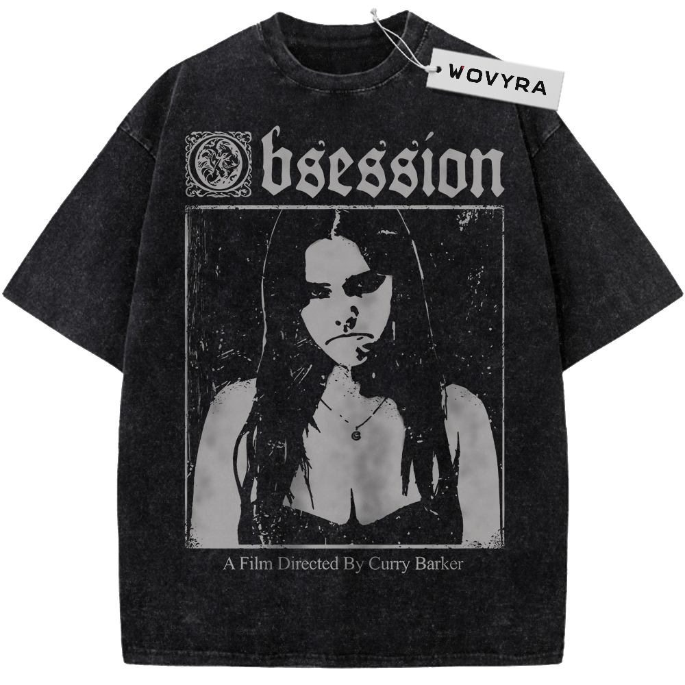 Obsession Monochrome Film Poster Vintage T-Shirt with a monochrome portrait beneath distressed Obsession lettering