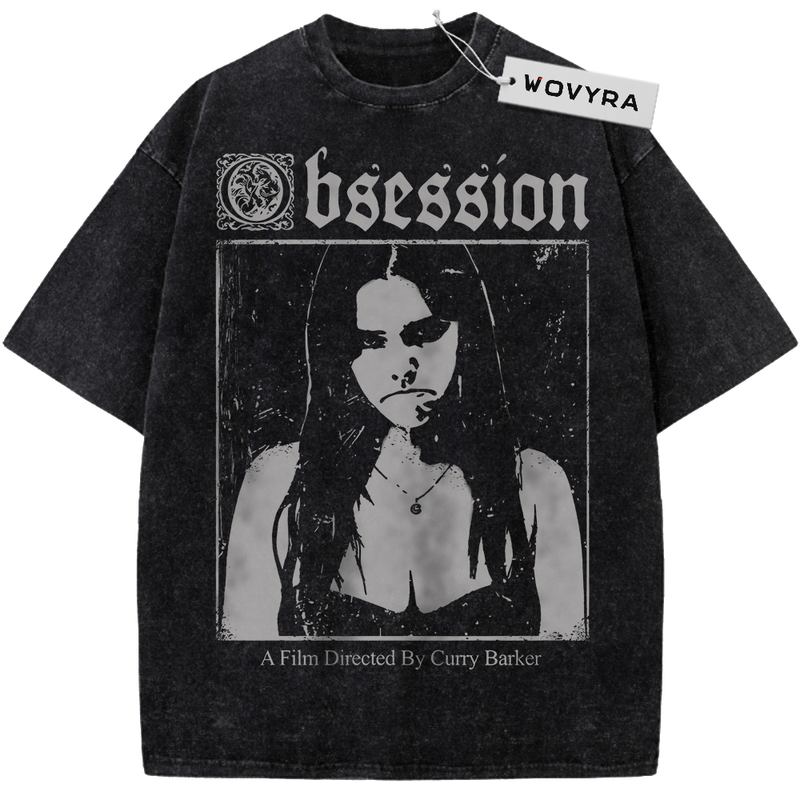 Obsession Monochrome Film Poster Vintage T-Shirt with a monochrome portrait beneath distressed Obsession lettering