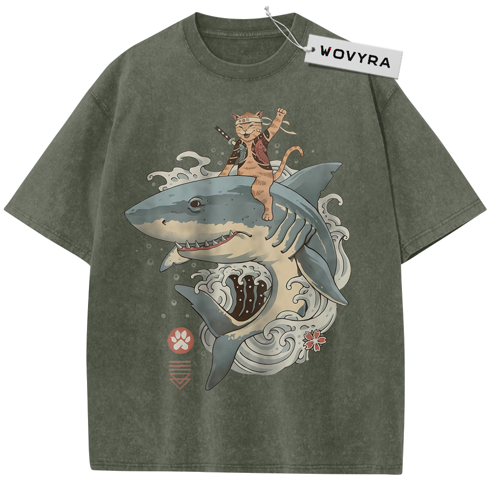 Olive green Samurai Cat Shark T-shirt with a cat riding a shark through curling waves