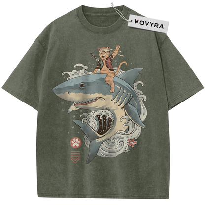 Olive green Samurai Cat Shark T-shirt with a cat riding a shark through curling waves