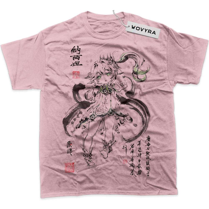 Pink Nahida Genshin Impact T-shirt with ink-style character artwork and red accents