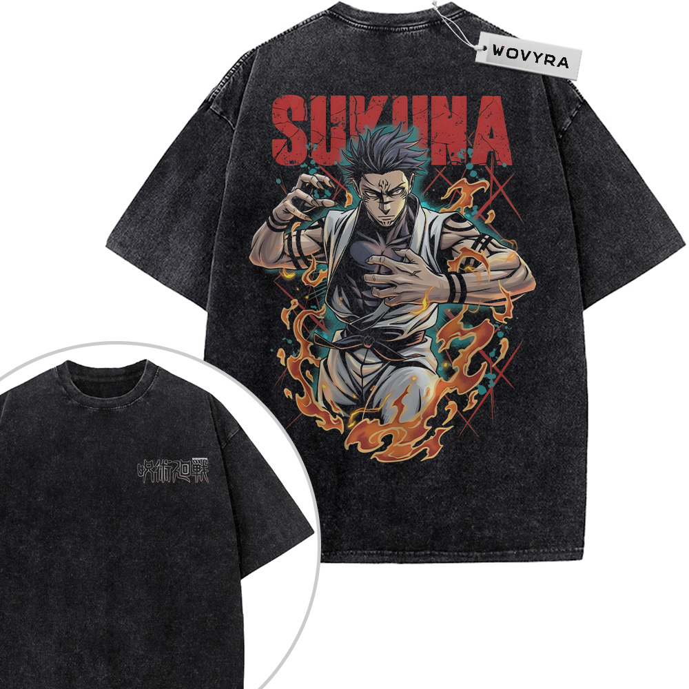 Jujutsu Kaisen Sukuna Flame Portrait 2-Sided Vintage T-Shirt with a Sukuna portrait framed by flames and bold red lettering