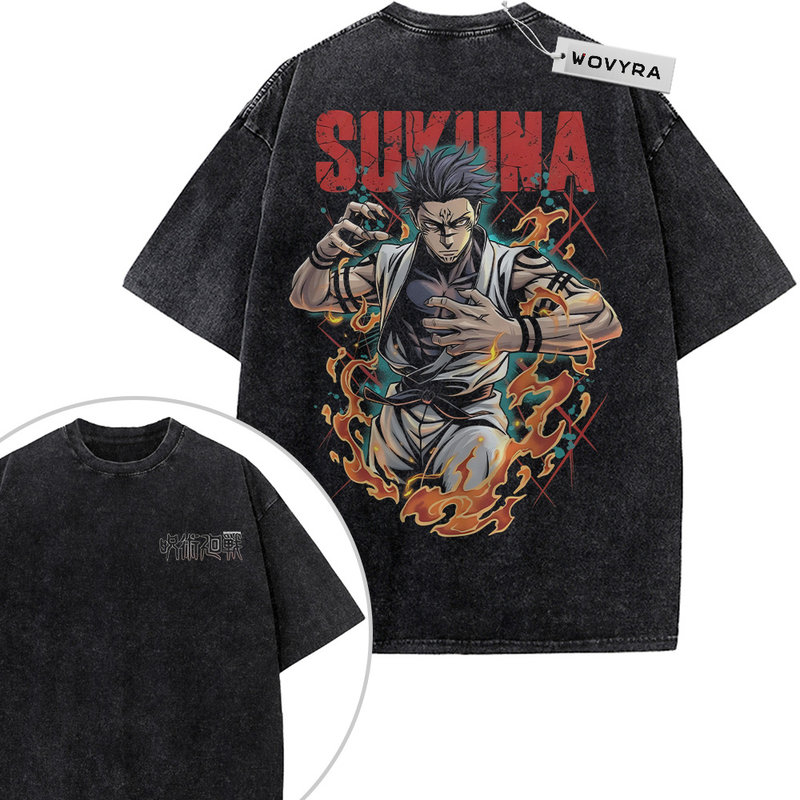 Jujutsu Kaisen Sukuna Flame Portrait 2-Sided Vintage T-Shirt with a Sukuna portrait framed by flames and bold red lettering