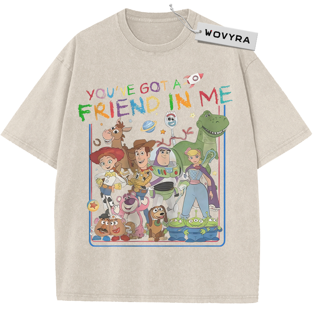 Vintage T-shirt featuring a colorful Toy Story character group beneath You've Got a Friend in Me lettering