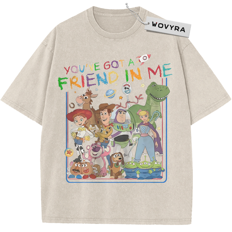 Vintage T-shirt featuring a colorful Toy Story character group beneath You've Got a Friend in Me lettering