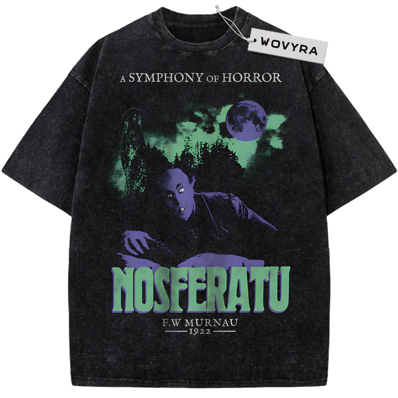 Nosferatu Count Orlok Purple Moon Vintage T-Shirt with a purple vampire figure beneath a moon and green title lettering