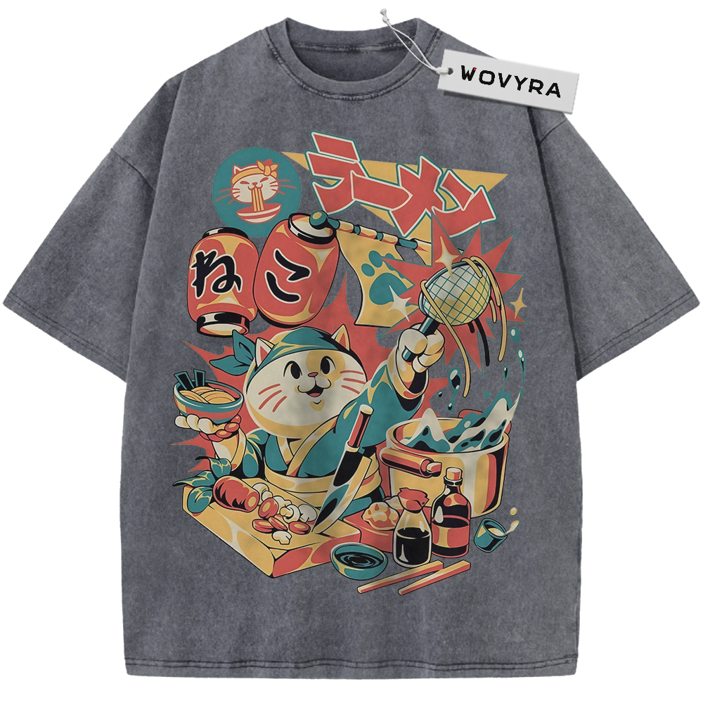 Charcoal gray Neko Ramen Cat T-shirt with a colorful cat and noodle-shop collage