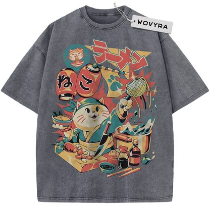 Charcoal gray Neko Ramen Cat T-shirt with a colorful cat and noodle-shop collage