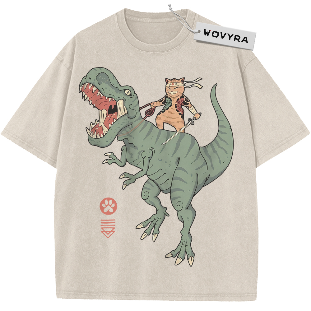 Samurai Cat & Dinosaur Dinosaur Rider Vintage T-Shirt with a small sword-carrying cat riding a green dinosaur