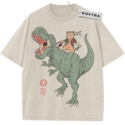 Samurai Cat & Dinosaur Dinosaur Rider Vintage T-Shirt with a small sword-carrying cat riding a green dinosaur