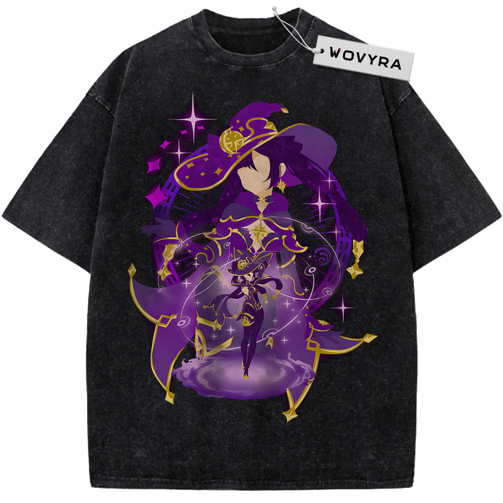 Genshin Impact Mona Purple Stars Vintage T-Shirt with a purple character portrait framed by stars and golden curves