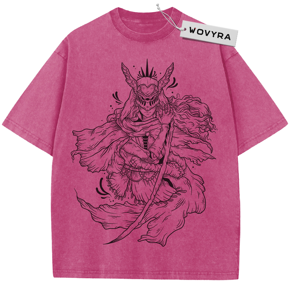 Pink horned warrior T-shirt with black line-art character illustration