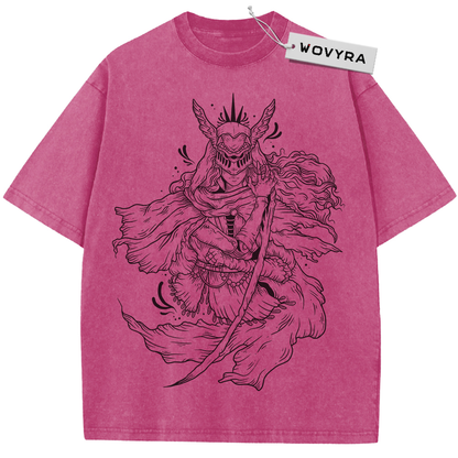 Pink horned warrior T-shirt with black line-art character illustration