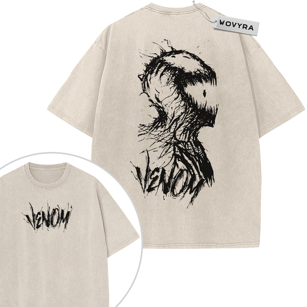 2-sided vintage T-shirt featuring a tall black ink-style Venom profile with an open mouth