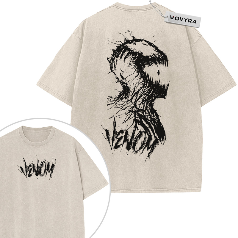 2-sided vintage T-shirt featuring a tall black ink-style Venom profile with an open mouth