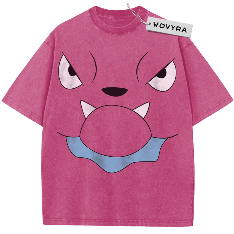 Pokemon Snubbull Face Vintage T-Shirt with a large pink character face with narrowed eyes and small fangs