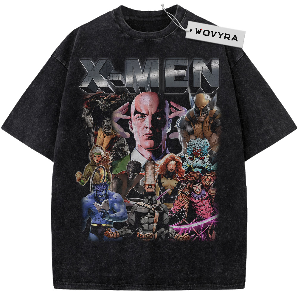 Marvel X-Men Character Collage Vintage T-Shirt with a dense character collage under metallic X-Men lettering