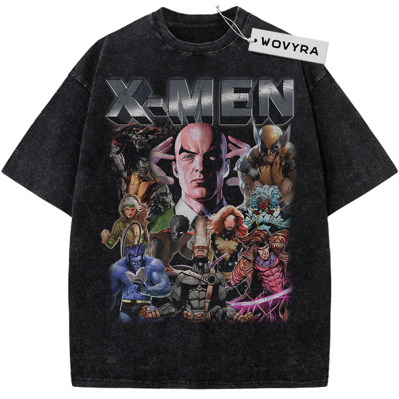Marvel X-Men Character Collage Vintage T-Shirt with a dense character collage under metallic X-Men lettering