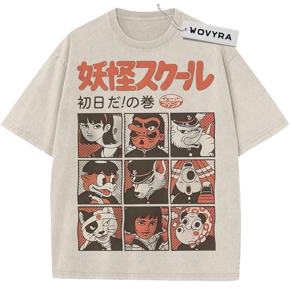 Yokai School Character Grid Vintage T-Shirt with nine illustrated yokai faces beneath Japanese school lettering