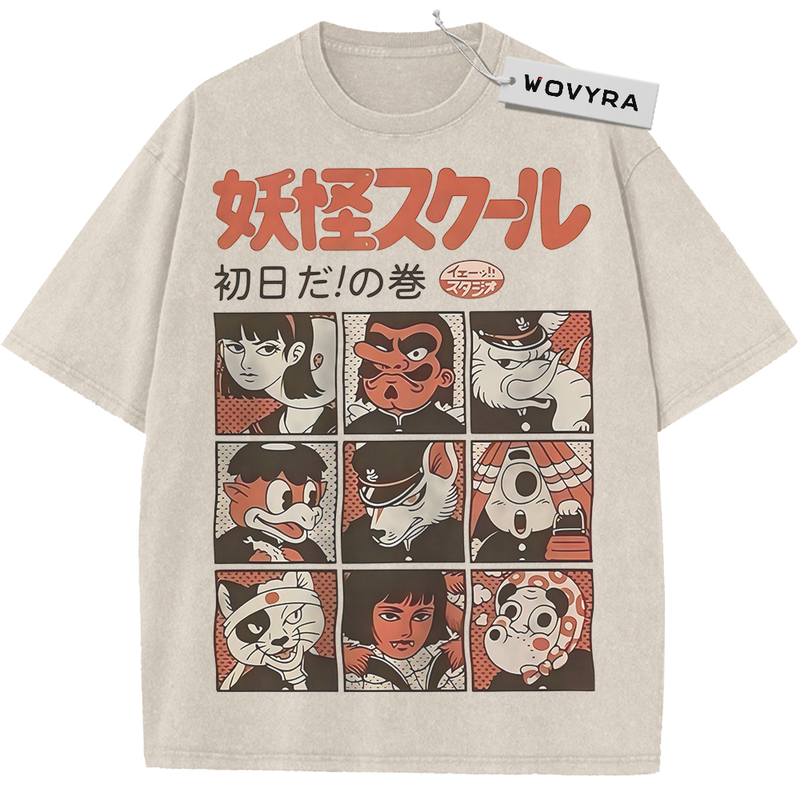 Yokai School Character Grid Vintage T-Shirt with nine illustrated yokai faces beneath Japanese school lettering