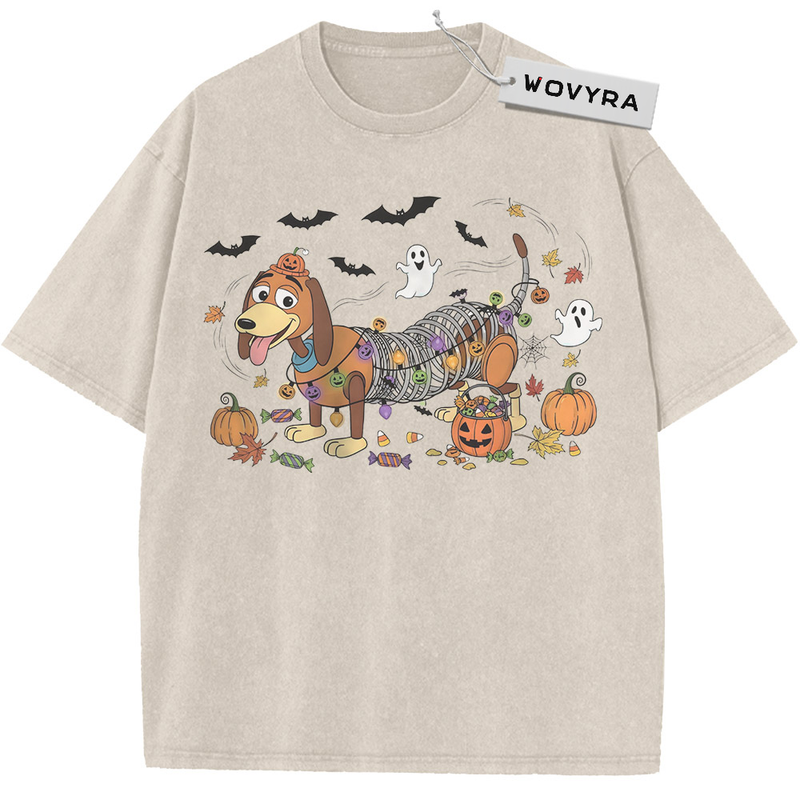 Toy Story Slinky Dog Halloween Garland Vintage T-Shirt with a Slinky Dog illustration with pumpkins, bats and tiny ghosts