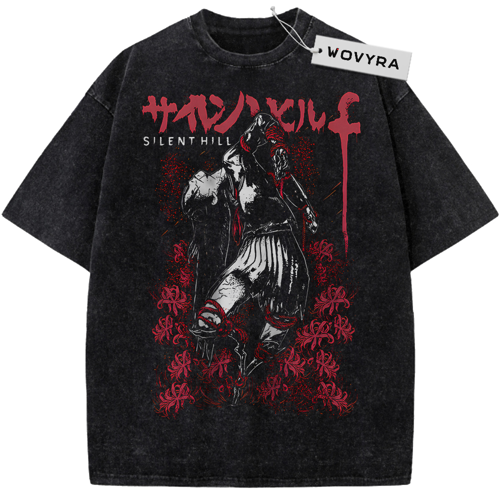 Vintage T-shirt featuring a dark horror figure surrounded by red floral details and title lettering