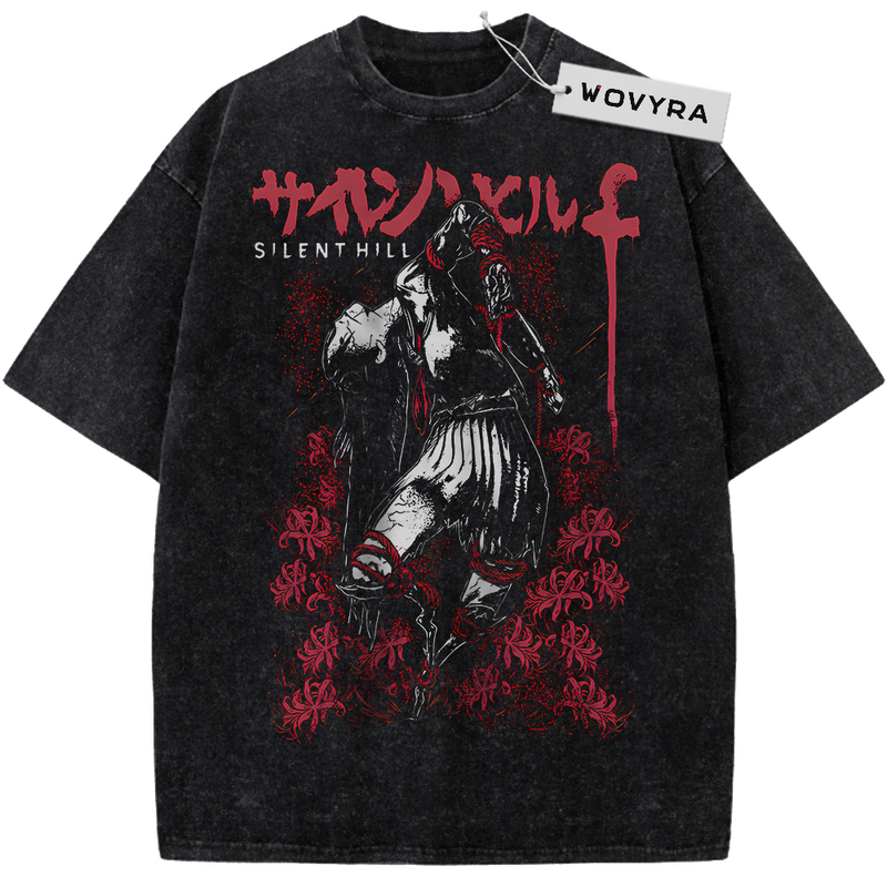Vintage T-shirt featuring a dark horror figure surrounded by red floral details and title lettering