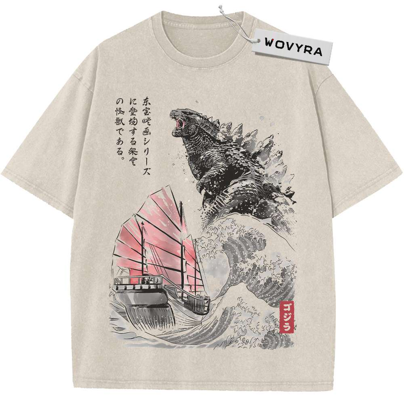 Kaiju Red Sailboat Vintage T-Shirt with a monster rising beside a red-sailed boat in curling waves