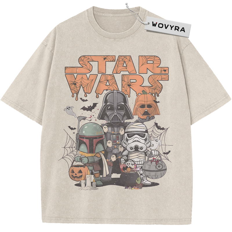 Vintage T-shirt featuring cartoon-style Star Wars characters surrounded by pumpkins and cobwebs