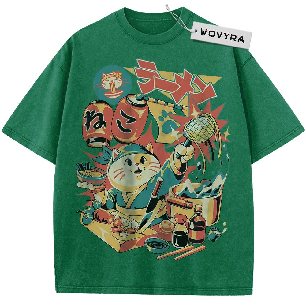 Green Neko Ramen Cat T-shirt with a colorful cat and noodle-shop collage