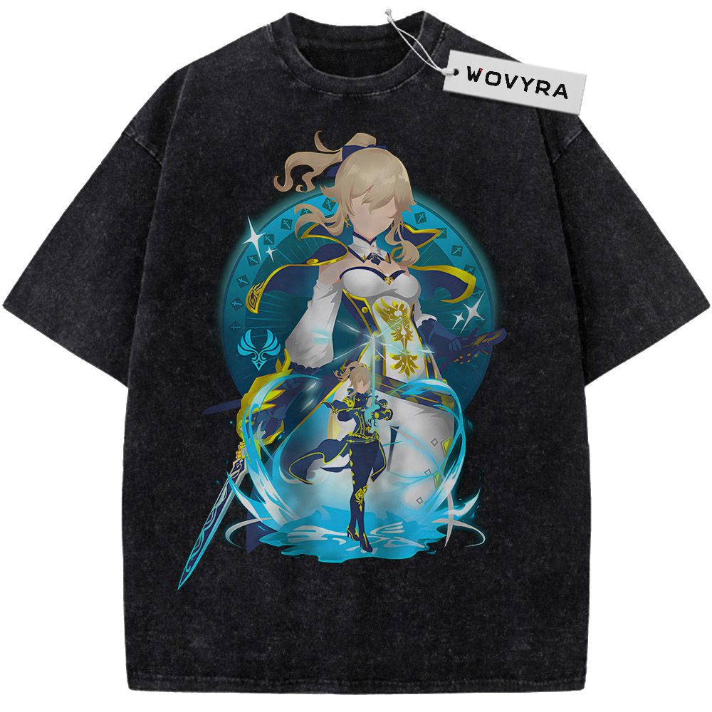 Genshin Impact Jean Gunnhildr Blue Circle Vintage T-Shirt with a blonde character portrait surrounded by blue circular motifs
