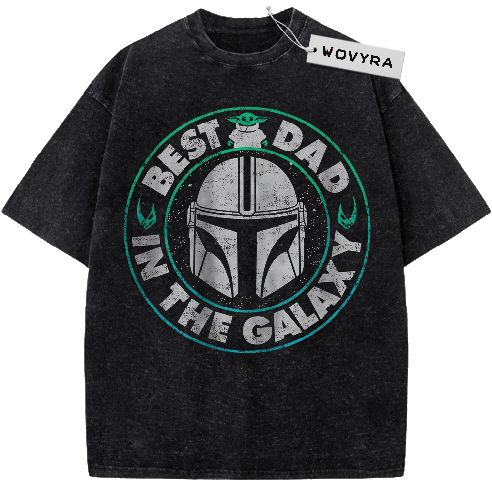 Vintage T-shirt featuring a helmet within a teal-ringed Best Dad in the Galaxy emblem