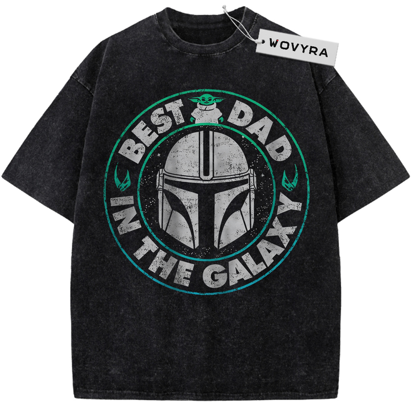 Vintage T-shirt featuring a helmet within a teal-ringed Best Dad in the Galaxy emblem