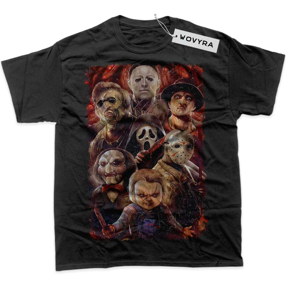 Black WOVYRA Chucky Freddy & Jason Horror Portraits Classic Tee